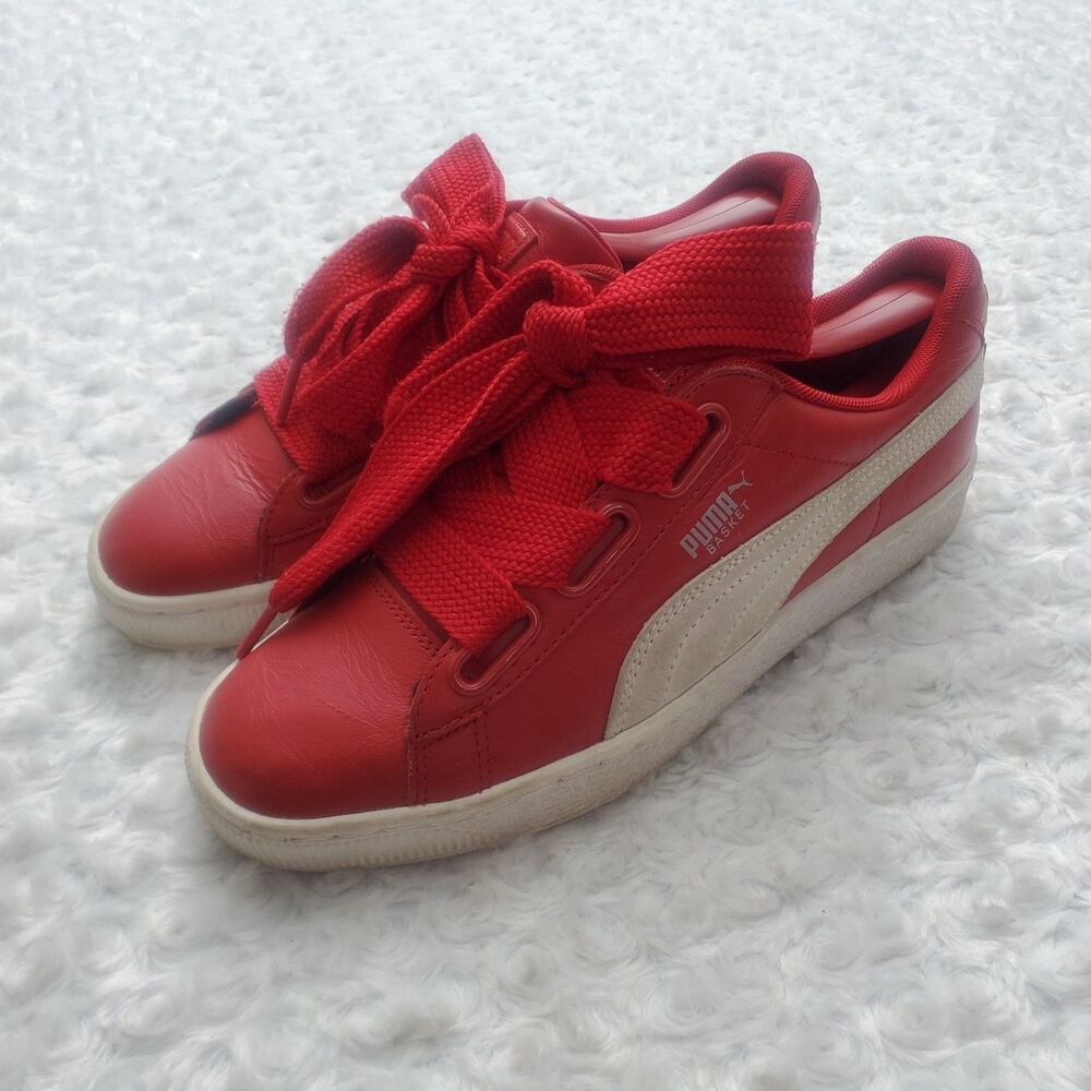 Puma Basket Heart Red Leather Low Top Sneakers Women's Size 8.5 Ribbon Laces